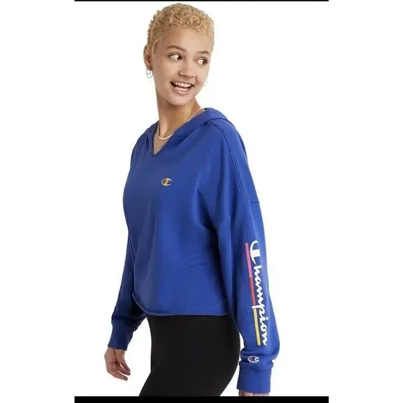 Champion French Terry Split-Neck Hoodie Sweatshirt Campus Sz L Underlined Logo - Picture 2 of 9